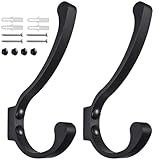 Coat Hooks for Wall, Heavy Duty Large Wall Hooks for Hanging Wall Mounted Metal Robe Hooks Utility Hooks for Coat, Scarf, Bag, Towel, Key, Cap, Cup, Hat (Black, 2 Pack)