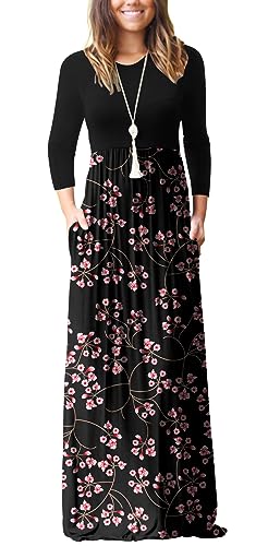 GRECERELLE Women Long Sleeve Casual Round Neck Loose Solid Floral Maxi Long Dress with Pockets, S-3XL