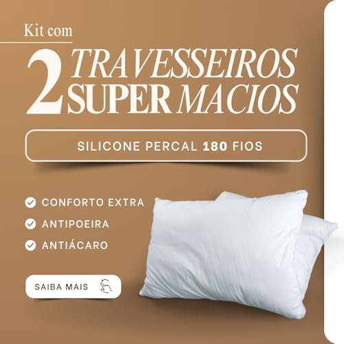 Kit com 2 Travesseiros de Silicone Percal 180 Fios Super Macio