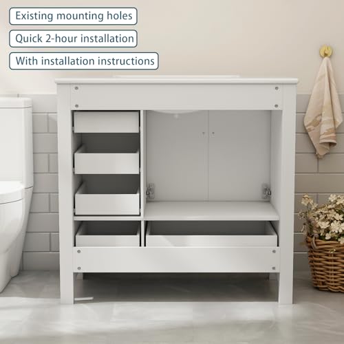 36\" Bathroom Vanity with Sink with Faucet, Bathroom Vanity with 5 Drawers, Mirror, Ceramic Countertop, Ceramic Sink, Soft-Close Door, 36 \"x18.3 x33, White