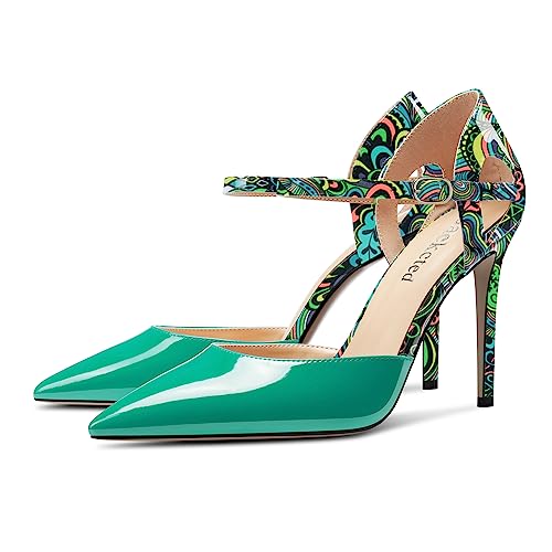 Saekcted Womens Stiletto High Heel Pointed Toe Pumps Ankle Strap Patchwork Party Cute Patent Leather 3.9 Inches Heels4