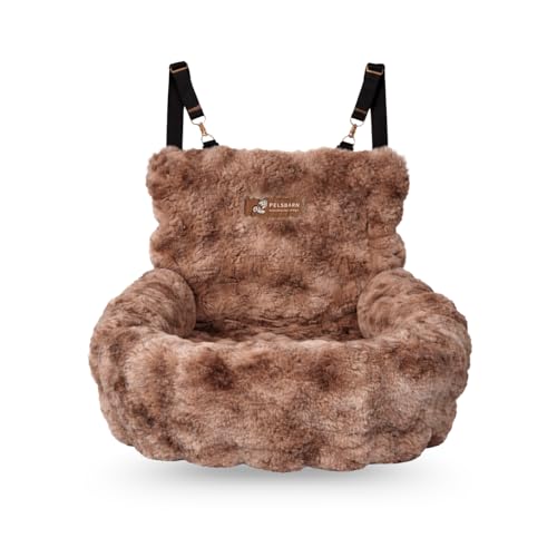 Pelsbarn Luxurious Cozy Car Bed - Small Luxury Travel Dog Bed with Safety Belt - Ultra Soft Faux Fur - Brown
