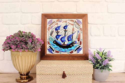 Iznik Decorative Tile, Handpainted Tile, Wooden Frame, Handpainted Iznik Tile, Ottoman Tile, Turkish Ceramic Tile, Wall Decor, 8In X 8In, Mediterranean Galleon Ship Iznik Tile Of Ground Quartz #TOP3