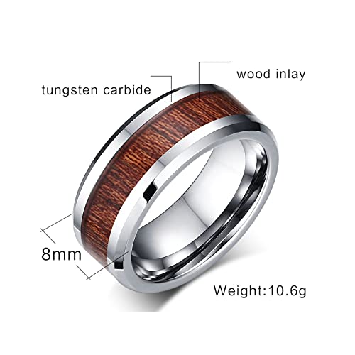 ANAZOZ Simple Couple Rings Silver, 8MM Wood Inlay Men\'s Engagement Rings Tungsten Steel, Women 7 & Men 7