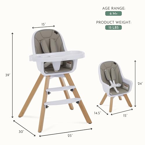 évolur Zoodle 3-in-1 High Chair in Light Grey | Convertible Wooden Baby Feeding Chair with Dishwasher Safe Removable Tray, Adjustable Footrest, Padded Cushion, 5-Point Harness for Infants & Toddlers by Evolur - Image 2
