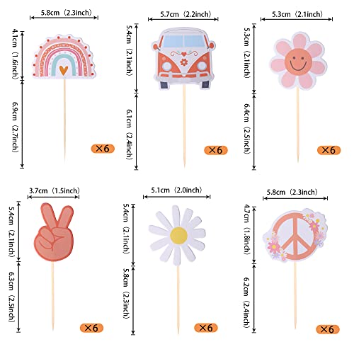 36 Pack Hippie Party Cupcake Toppers 60'S Retro Flower Rainbow Peace Sign Bus Two Groovy Carnival Party Cupcake Picks Hippie Theme Boho Birthday Party Cake Decorations Supplies #TOP1