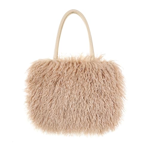 Image of Women's Fuzzy Tote Bag Curly Handbag Furry Shoulder Bag Large Plush Top Handle Purses Winter