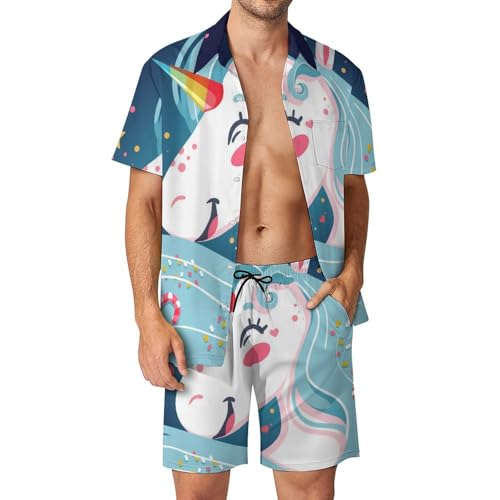 Licorne Bleue Mignonne Chemise Hawaïenne Hommes ensemble short pantalon plage été taille S vêtement