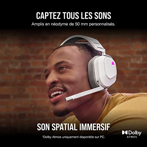 Corsair HS80 RGB sans Fil Casque Gaming Premium, Dolby Atmos – Blanc