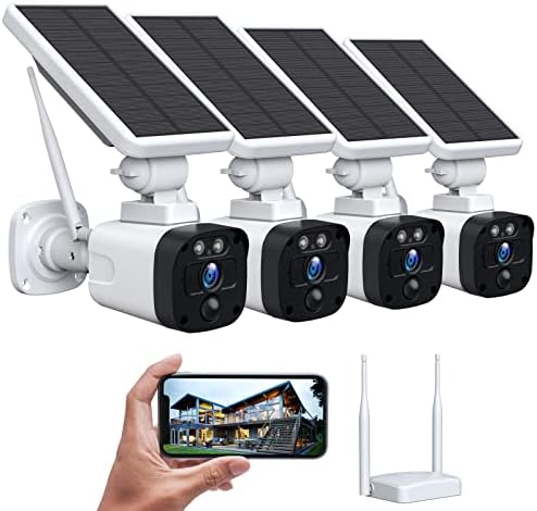 Solar Wireless Security Camera System, HD 3MP Solar Security Camera System Outdoor Wireless WiFi 4 Pack with WiFi Base Station, PIR Motion Detection, Two-Way Audio, Waterproof, SD/Cloud Storage