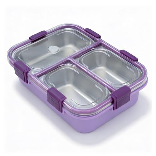 Image of Belocopia Gobblez Stainless Steel Lunch Box 525ml | Purple | SUS 304 Food Grade Steel | 3 Compartment Leakproof Tiffin Box with Spoon | Airtight Lunchbox for Office, School & Meal Prep