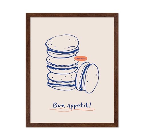 Poster Master Bon Appetit Poster - Retro Macaroons Print - Dessert Illustration - Food & Drink Art - Bakery Design - Chic Boho Style - Excellent Bakery or Kitchen Decor - 8x10 Brown Framed
