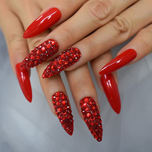 24Pcs Stiletto Luxury Press On Nails Extra Long Solid Color Designed 3D Fake Nails With Rhinestones Full Cover Red Artificial Nail Set Sharp Pointed False Nail Tips For Ladies #TOP6