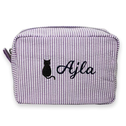 jcyif Custom Makeup Bag Personalized Cosmetic Bag Cute Seersucker Travel Toiletry Bag for Women Embroidered Bag Organizer for Bride Makeup Bag Gift Purple