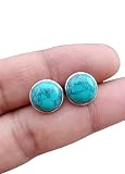 Turquoise Stud Post Earring 925 Sterling Silver 10 MM Round Genuine Stone Earrings for Teen Girls &