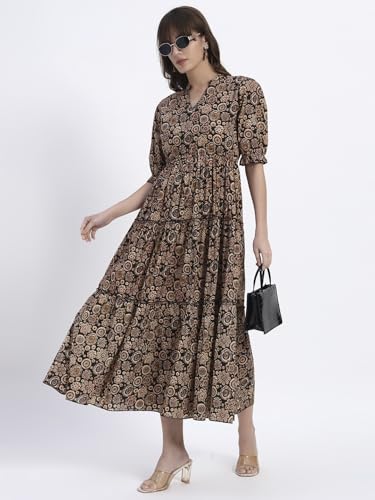 Image of Women's Fit and Flare Dress I Pure Cotton Long Summer Maxi Dress I V-Neck I Casual Wear I Printed Kalamkari Floral Middi