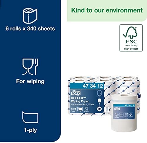 Tork 473412 Reflex Wiping Paper / 2 Ply Absorbent QuickDry Paper Roll Suitable for Tork M4 Reflex Centrefeed System / White / 6 x 113.9m / Ø 19cm