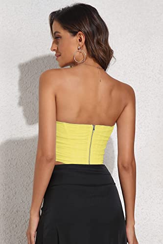 Modegal Women's Vintage Strapless Open Back Boned Mesh Bustier Zip Back Corset Bodyshaper Crop Top (Yellow, 6-8, Numeric_6) #TOP3