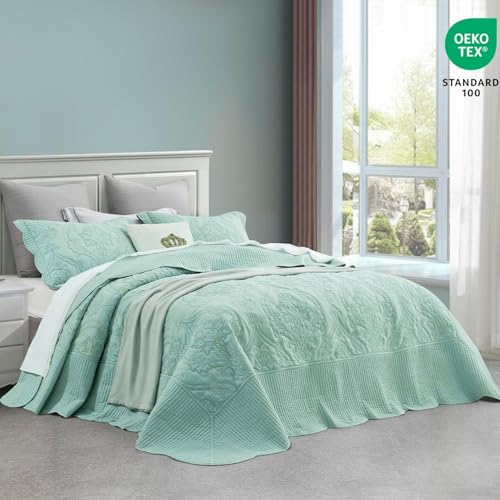 CHIXIN Oversized King Bedspread 128x120 Extra Wide - Lightweight Bedding Cover - Beautiful Stitching - 5 Piece Reversible Bedspread - Gorgeous Damask Paisley Pattern (King/Cal King, Seaglass) by CHIXIN - Image 2