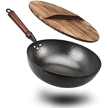 BIELMEIER 12.5" Wok Pan- Woks and Stir Fry Pans, Carbon Steel Wok, Flat Bottom Wok with Lid Suits for all Stoves