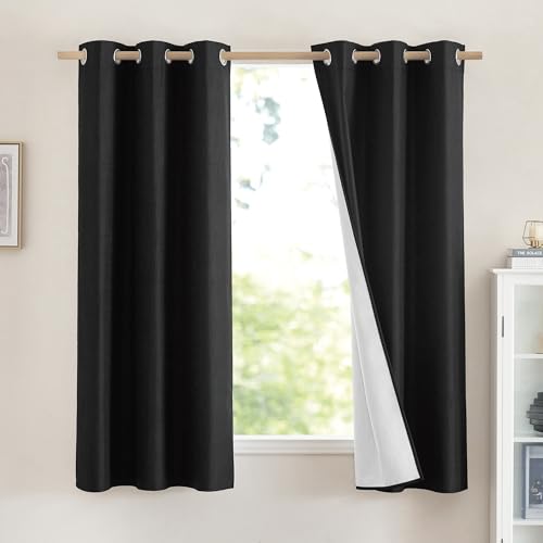 NICETOWN Vintage Open Linen Weave Flax Thermal Curtains, 100% Blackout Curtains 63 inches Long for Dining Room, Soundproof Window Treatment Drapes for