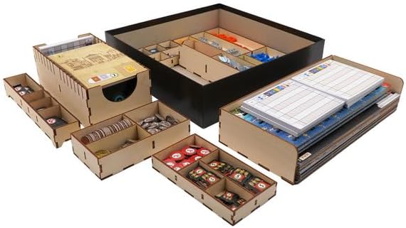 The Broken Token Game Organizer Compatible with 7 Wonders New Edition and Expansions - Wooden Game Organizing Box with Multiple Trays