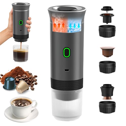 Umisu Máquina de Café Portátil, Cafetera Espresso 3 en 1 Eléctrica Portátil Expreso Recargable para Cápsulas Pequeñas o Grandes y Café Molido para Oficina Viaje Camping (Gris)
