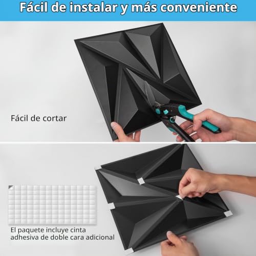 Miniatura 3 de Art3d 3d Paneles De Pared Decoración De La Pared Interior Con Cinta Adhesiva De Pvc Diamante Para Sala De Estar Vestíbulo Dormitorio Hotel Oficina 30 X 30 Cm 50 Piezas Negro