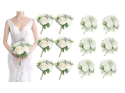 SEMONONIA 6 Pack White Sage Bridesmaid Bouquets & Set of 6 Ivroy Rose & Babys Breath Bridesmaid Bouquets for Wedding