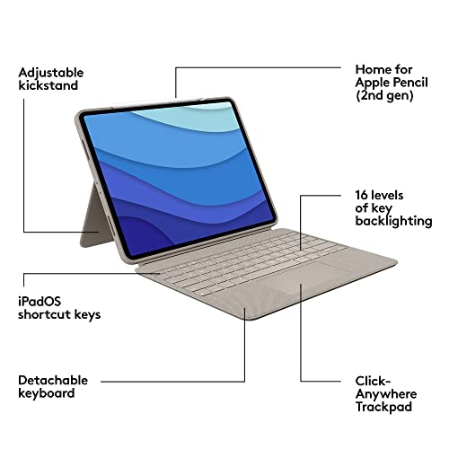 Logitech Combo Touch iPad Pro 12.9-inch (5th, 6th gen - 2021, 2022) Keyboard Case - Detachable Backlit Keyboard with Kickstand, Click-Anywhere Trackpad, Smart Connector - Sand; USA Layout by Logitech - Image 9