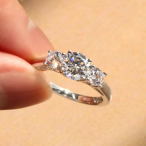 DoubleAccent Sterling Silver Rhodium Plated, Wedding Ring Round CZ Three Stone Engagement Ring3