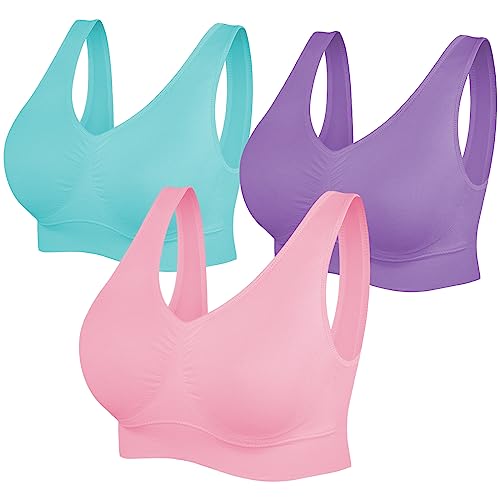 Image of SIMIYA Super Comfort Bra, Womens Sports Bras Removable Pads Plus Size Sleep Bras for Girls in Yoga Bralette Leisure Stretch Crop Tops Vest (4XL, 3 Pack Pink+Blue+Purple)