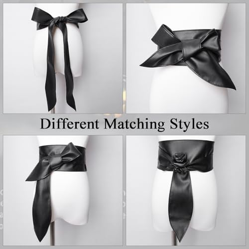 Nfvjfxz Women Black Obi Leather Belt Bow Tie Belt Waist Belts Self Tie Wrap Wide Waistband Knotted Belt for Woman Dresses Costumes Accessories