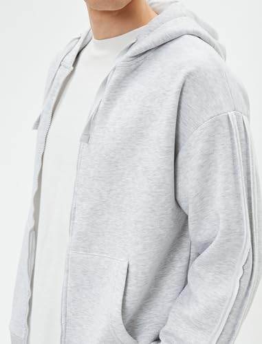 سويت شيرت بتصميم كارديجان بغطاء للرأس وجيب بتفاصيل خياطة للرجال من كوتون - لون رمادي - مقاس L