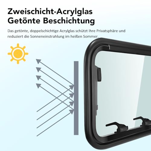 GEARMONSTER Ausstellfenster Wohnmobilfenster 500x350mm Seitenfenster Wohnmobil Fenster mit integriertem Rollo und Fliegengitter RV Externes Push Fenster für Wohnwagen Van Camper