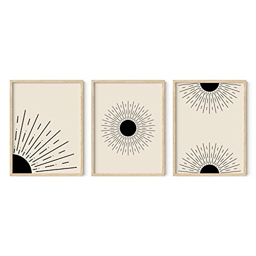 HAUS AND HUES Boho Wall Art - Set of 3 Minimalist Celestial Decor, Bedroom Wall Decor Above Bed, 3 Piece Framed Art, Black and White Abstract Art, Sun Prints (Beige Frame, 12x16)