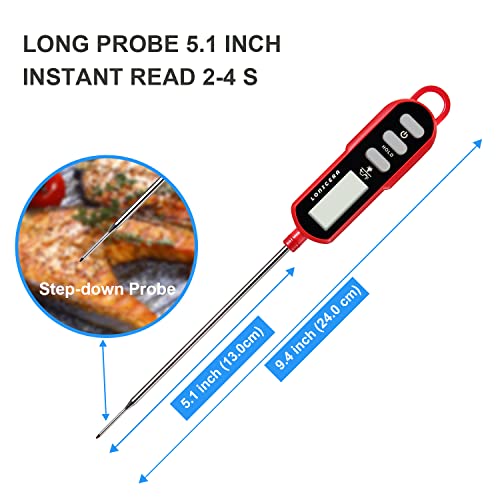 Lonicera Instant Read Digital Meat Thermometer For Cooking Food, Bread Baking, Water And Liquid Temperature, Waterproof And Long Probe For Candy, With Backlit Lcd And Magnet (Red) #TOP4