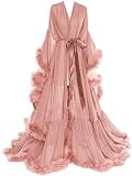 Feather Bridal Robe Chiffon Long Sleeve Lingerie Sheer Wedding Dressing Gown Bathrobe Fur Maternity Photoshoot Dress Sleepwear Christmas Photography Dusty Rose Large-X Large