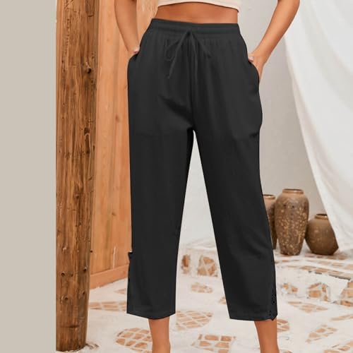 Womens Cotton Linen Pants Drawstring Elastic Waist Trousers Summer Lace Stitching Cargo Pants with Pockets - 2