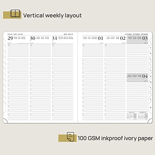 POPRUN 2023 Diary Vertical Week to View 22 x 16.5 cm - Hourly Weekly Planner A5 with Monthly Tabs, Vegan Leather Soft Cover, FSC® Certified 100 GSM Ivory Paper, Inner Pocket - Pacific Green