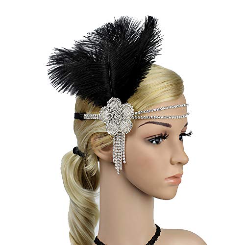 Great Gatsby Flapper Headband Elegant Crystal Rhinestone Flower Tassels 1920S Vintage Hairband Old Hollywood Glam Headpiece (Black) #TOP3