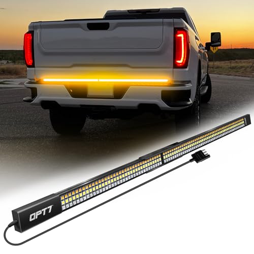 OPT7 Redline Parlux 60" Aluminum Truck Tailgate Light Bar w/Sequential Amber Turn - Rigid 2-Section Triple Row LED Strip, Dynamic Taillight w/Ignition Sequence, Triple-Flash White Reverse, Red Running