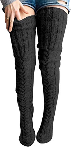 Women's Cable Knit Thigh High Boot Socks Extra Long Winter Leg Warmers Over Knee High Stockings (Black,One Size)