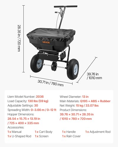 Image of VEVOR Broadcast Spreader, 12ft Spreading Width, Push Broadcast Spreader with 13 inch All-Terrain Tires, Adjustable Flow Control, 130lbs Capacity Hopper, Lawn Spreaders for Fertilizer Seed Ice Melt