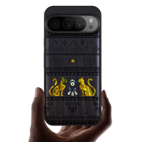 Coque Pixel 9 Pro XL en bois gravé luxe et incrustation de nacre égyptienne