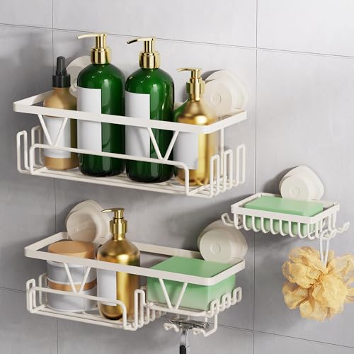ZUNTO Wall-Mounted Shower Caddy with Strong Suction Cups, White Bathroom Suction Storage Organizer, Multi-Purpose Kitchen Shelf with Hooks, Waterproof Quick-Drying Rack for Toiletries, Reusable