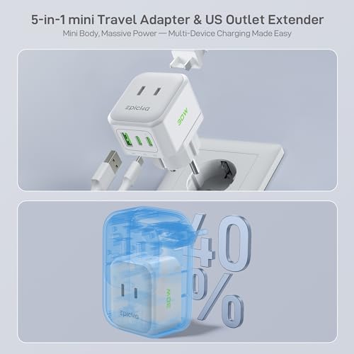 EPICKA Hybrid Mini German Travel Plug Adapter, 30W PD Fast Charging 5-in-1 Foldable International Power Adapter with 2 AC & 3 USB Ports, with Type EF VisaPlug, Travel Essentials for US to Europe