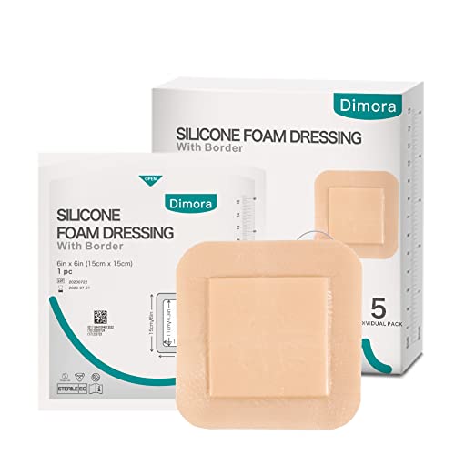 Silicone Foam Dressing, 6” x 6”(4.3″ X 4.3″ pad) Sacrum Wounds, Waterproof Wound Dressing with Gentle Border, High Absorbency Foam Bandages, Silicone Self-Adhesive Patches,5 Pack