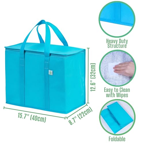 VENO 3 Pack Cooler Bag and Insulated Grocery Bags for Food Delivery, Collapsible Cooler, Reusable Shopping Bags for Groceries with zipper, Foldable, Heavy-Duty, Stands Upright (Cyan, 3 Pack) - Thumbnail 2