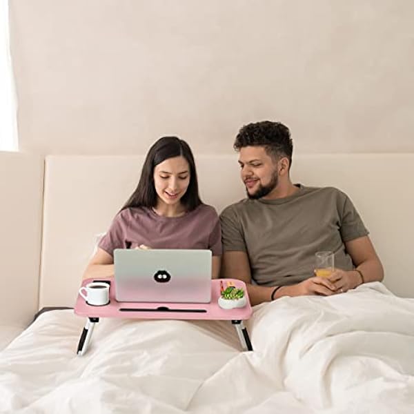Relaxdays Столик для ноутбука на диван, складной, с держателем для планшета и подстаканником, столик для кровати, высота x ширина x глубина 26 x 63 x 40 см, розовый/белый